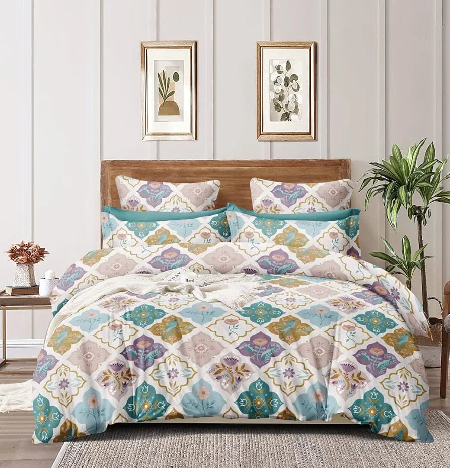 THE HOME STYLE Cotton Feel Glace Cotton Elastic Fitted Printed Double Bed King Size Bedsheet with 2 Pillow Cover